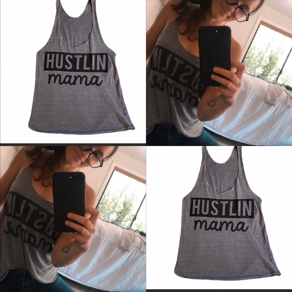 Hustlin Mama muscle tee, grey and black in medium